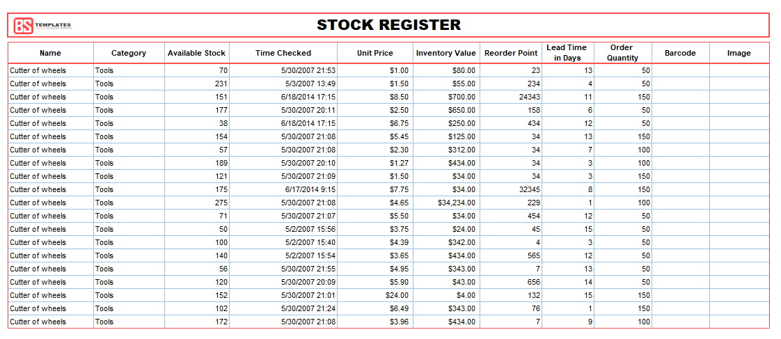 sample stock register